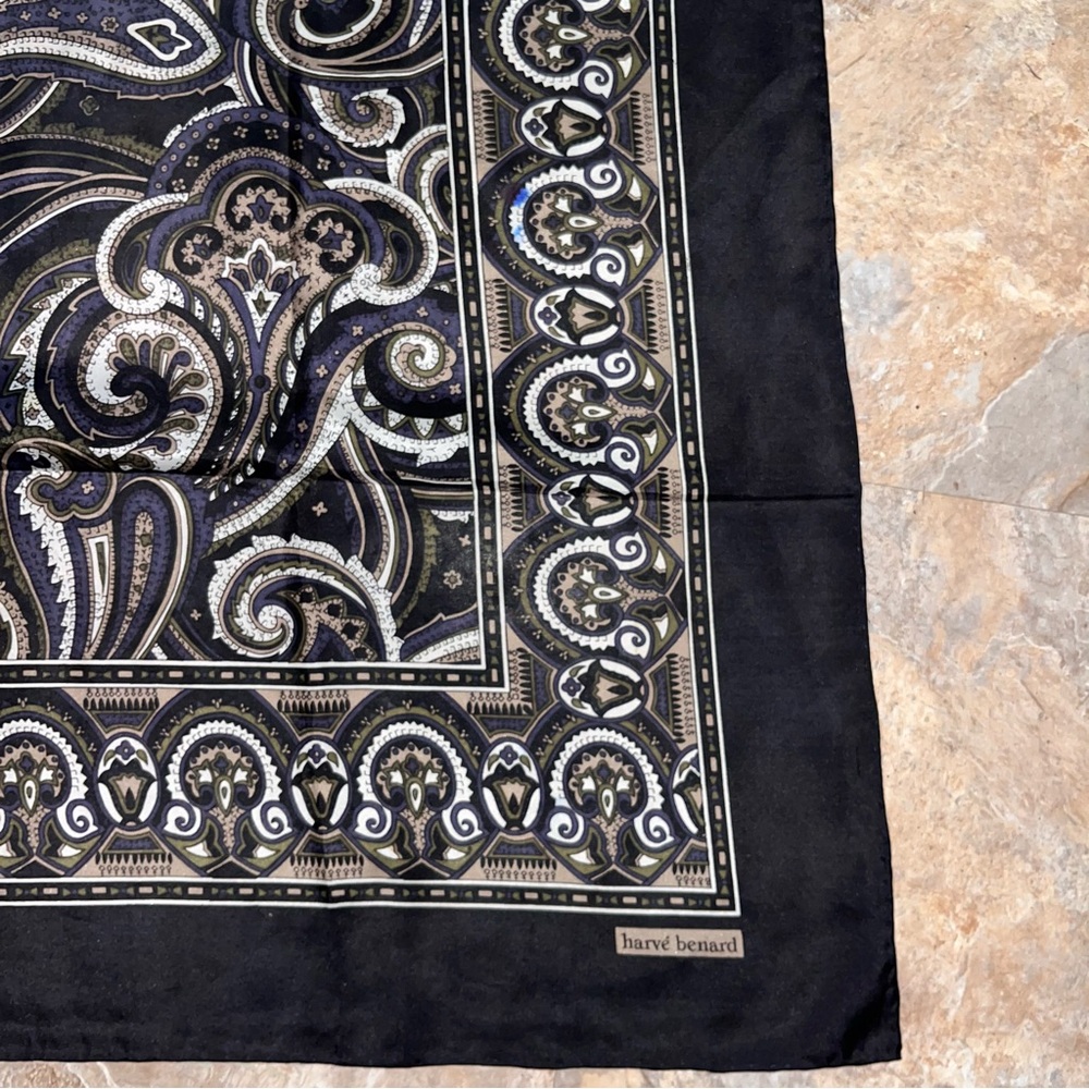 Vintage Harve Benard Square 34x34" Black Silk Parsley Floral Scarf *small stain* - Picture 6 of 11